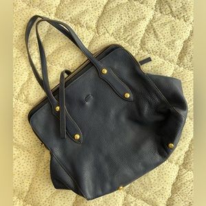 Blue leather handbag with gold accents. Just beautiful!